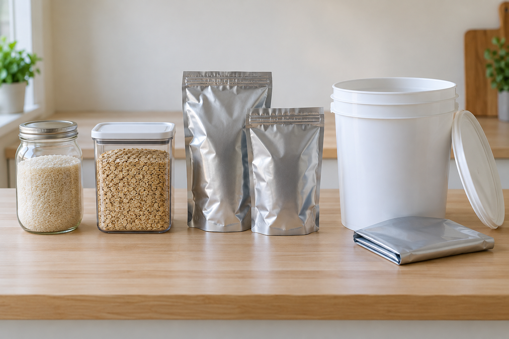Glass rice jar, plastic oat container, foil storage pouches and a white bucket with its lid.