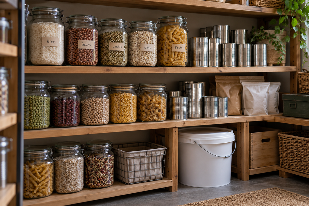 Labeled jars of rice, beans, lentils, oats and pasta beside canned foods and sealed pantry containers.
